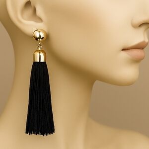 Gold Tone Black Tassel Fringed Drop Dangle Earrings - Women's Fashion Jewelry